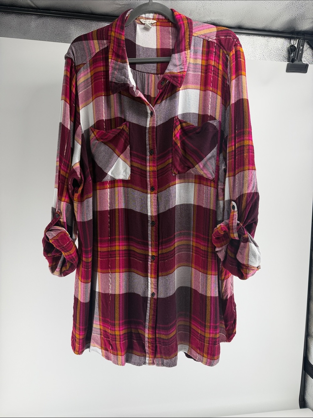 Cato Plaid Button-Down Shirt in Burgundy, Pink and White A13